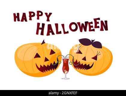 Affiche de fête d'Halloween. Lettering, les citrouilles mâles et femelles rient avec humour et boivent un cocktail sanglant isolé sur fond blanc. Vecteur art plat il Illustration de Vecteur