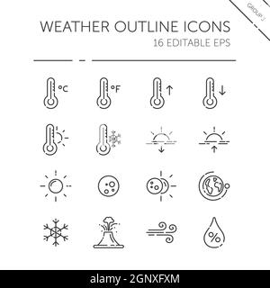 Jeu d'icônes de la météo et de la météorologie. Température, humidité et phénomène naturel. Illustration vectorielle Illustration de Vecteur