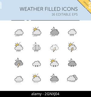 Météo et météorologie. Nuages, brouillard, pluie, tempête, neige et groupe de traîneaux. Jeu d'icônes de couleur. Illustration vectorielle pleine Illustration de Vecteur