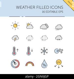 Météo et météorologie. Groupe soleil, nuages, température et pression. Jeu d'icônes de couleur isolée. Illustration vectorielle pleine Illustration de Vecteur