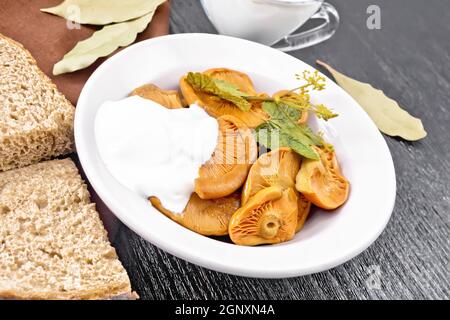 Safran de champignons salés à la crème aigre, feuille de cassis et branche d'aneth dans l'assiette, une serviette et du pain sur fond de bois Banque D'Images