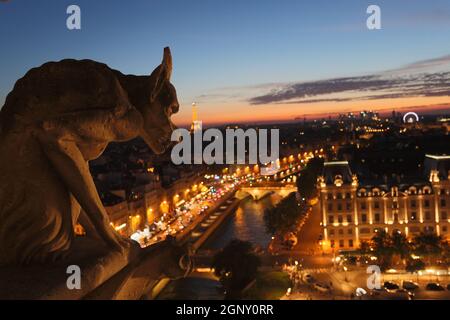 Les Chimères de Notre Dame en regardant le coucher de soleil à Paris Banque D'Images