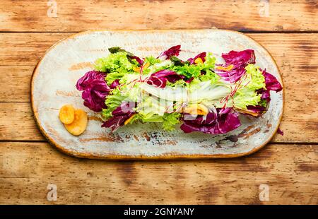 Paupiette de salade, saumon et abricots séchés. Salade de saumon aux feuilles vertes Banque D'Images