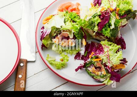 Paupiette de salade, saumon et abricots séchés. Salade de saumon aux feuilles vertes Banque D'Images