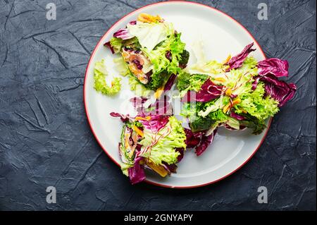 Paupiette à base de salade, saumon et abricots séchés. Salade de rossa au saumon Banque D'Images