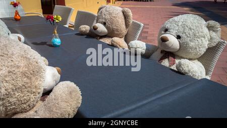 Un groupe d'ours Teddy assis à une table et prêt pour un déjeuner ou une réunion Banque D'Images