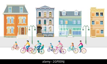 Cyclistes dans la banlieue avec appartements Illustration de Vecteur