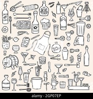 Barman Doodles. Outils de tend de barre dessinés à la main. Verres et bouteilles. Noir et blanc. Banque D'Images