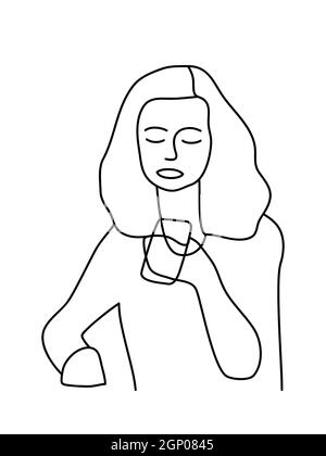 Minimalisme Portrait vectoriel féminin dessiné à la main dans un style moderne abstrait à une ligne. Décoration, art mural, création, médias sociaux. Modèle tendance femme parle au téléphone Illustration de Vecteur