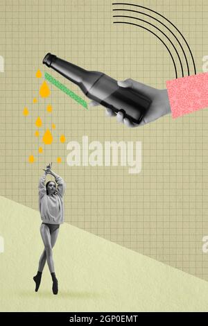 Collage d'art contemporain de belle ballerine jeune debout sous des gouttes de pluie de bière Banque D'Images