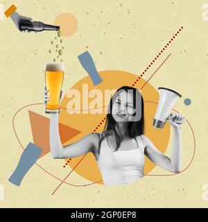 Collage d'art contemporain d'une belle jeune femme avec un verre de bière blonde. Concept Oktoberfest Banque D'Images
