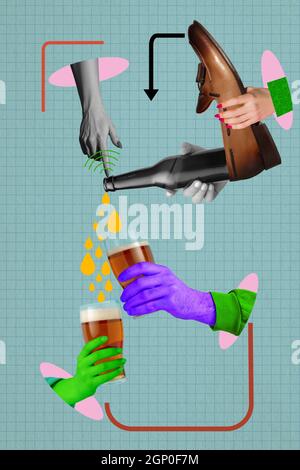 Collage d'art contemporain de bière versant d'une chaussure dans un verre Banque D'Images