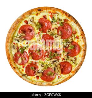 Pizza mexicaine isolée avec salami et jalapeno Banque D'Images