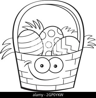 Illustration noire et blanche d'un panier de Pâques rempli d'œufs décorés. Illustration de Vecteur