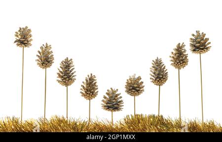 Motif sur pied de neuf cônes de pin de couleur or avec guirlande dorée isolée sur fond blanc Banque D'Images
