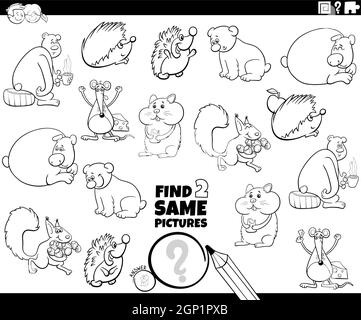 trouvez deux mêmes caractères animaux tâche coloriage page livre Illustration de Vecteur