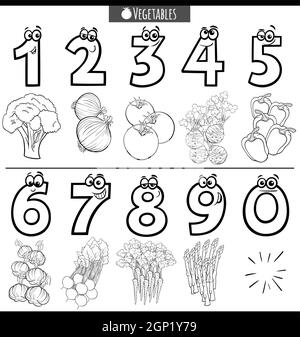 chiffres de dessin animé éducatif noir et blanc avec légumes Illustration de Vecteur