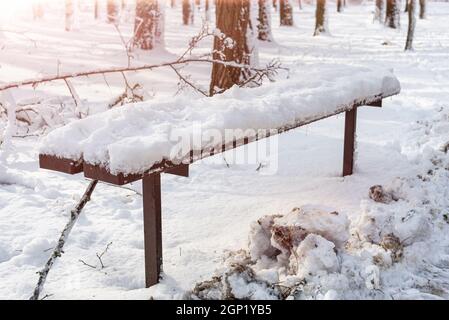 Banc couvert de neige dans le parc d'hiver couvert de neige de la ville. Paysage d'hiver de Moody. Jour ensoleillé après la chute de neige. Banque D'Images