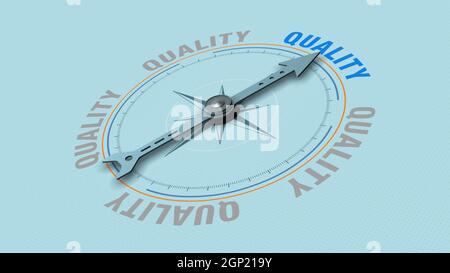 Boussole avec l'aiguille pointant vers le texte : la qualité, le concept de la recherche ou d'offrir des produits et des services de haute qualité (rendu 3d) Banque D'Images
