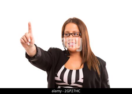 Grand business woman en appuyant sur une touche, isolé sur fond blanc Banque D'Images