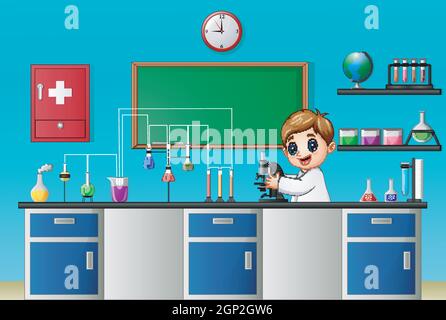 Cartoon boy expérimentant au microscope dans le laboratoire chimique Illustration de Vecteur