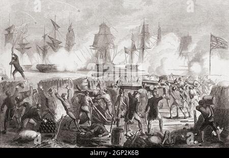 L'attaque de Fort Moultrie, Sullivan's Island, Caroline du Sud, le 28 juin 1776 pendant la Révolution américaine. Le fort, alors appelé Fort Sullivan, a été construit pour défendre Charleston, en Caroline du Sud, mais n'a été que partiellement achevé lorsque neuf navires de guerre britanniques ont attaqué. Cependant, le fort résiste à leur bombardement et ils sont forcés de se retirer sous de lourds tirs défensifs. Le commandant du fort pendant la bataille était William Moultrie et le fort fut renommé en son honneur. Banque D'Images