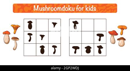 Jeu éducatif Mushroomdoku pour enfants. Sudoku aux champignons comestibles pour les enfants. Puzzle scolaire. Feuille de travail pédagogique. Vecteur Premium Illustration de Vecteur