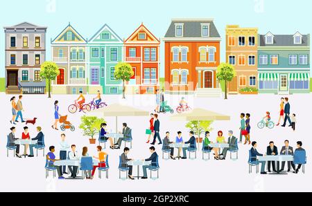 Un grand endroit où les gens sont assis devant les restaurants et les cafés Illustration de Vecteur