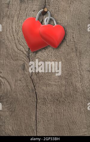 Deux coeurs fixés ensemble sur fond en bois de grunge. Amour éternel, amour pour toujours, Valentin, mariage, conception d'invitation Banque D'Images