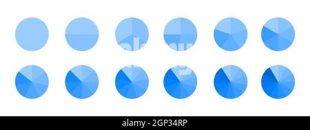 Cercles divisés en segments bleus monochromes de 1 à 12 isolés sur fond blanc. Graphique à secteurs pour les exemples d'infographie sur les statistiques. Formes rondes coupées en tranches égales. Illustration vectorielle plate. Illustration de Vecteur