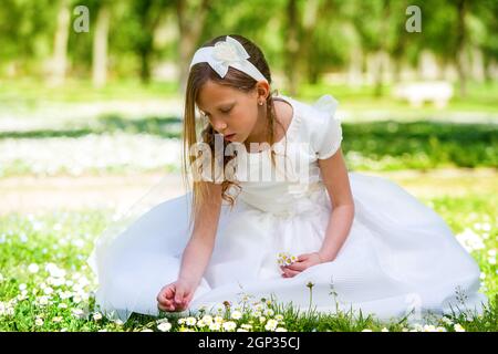 Portrait de la jeune fille mignonne en robe blanche cueillant des fleurs dans le champ. Banque D'Images