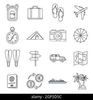 Travel icons set , style contour Illustration de Vecteur