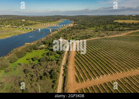 Vue aérienne du paysage industriel de la ciculture et de la rivière Guadiana à Olivenza Estrémadure Espagne Banque D'Images