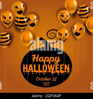 Bonne bannière Halloween avec bulles air réaliste. Sourires effrayants, icônes fantômes noir, couleurs orange. Arrière-plan du modèle d'Halloween Illustration de Vecteur