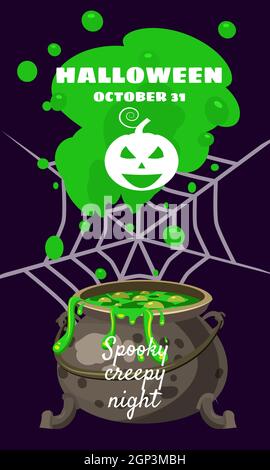 Carte de voeux pour les fêtes d'Halloween. Toile d'araignée de chou-fleur de sorcière. Bannière de modèle Illustration de Vecteur
