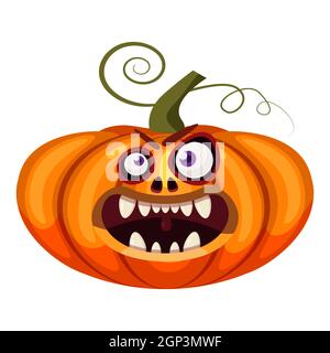 Citrouille Halloween visage drôle bouche ouverte creepy et effrayant drôles mâchoires teeths créatures expression personnage monstre. Style de dessin animé vectoriel isolé Illustration de Vecteur