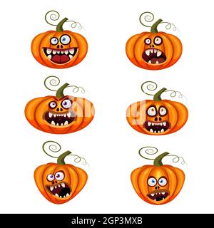 Set Pumpkins Halloween visages drôles bouches ouvertes creepy et effrayant drôles mâchoires teeths créatures expression monstres personnages. Dessin animé vectoriel isolé Illustration de Vecteur