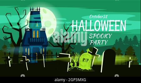 Joyeux Halloween Lonely effrayant abandonné manoir cimetière tombes. Style de dessin animé vectoriel isolé Illustration de Vecteur