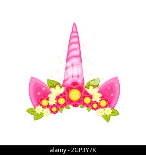 Tiara licorne avec différentes fleurs, oreilles et corne. Illustration de Vecteur