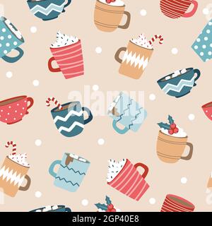 Joli motif de Noël et de nouvel an sans coutures pour emballer le papier avec des tasses. Modèle tendance pour un design élégant. Illustration de Vecteur
