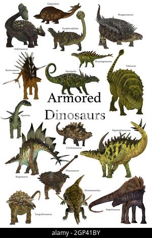 Une collection de divers dinosaures blindés de différentes périodes préhistoriques de l'histoire de la Terre. Banque D'Images