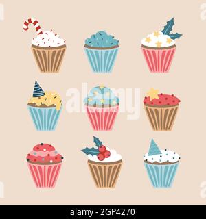 Ensemble de Noël de petits gâteaux et muffins, illustration vectorielle dans des couleurs pastel Illustration de Vecteur