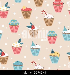 Gâteau du nouvel an. Motif sans couture. Ensemble de Noël de petits gâteaux et muffins, illustration vectorielle dans des couleurs pastel Illustration de Vecteur