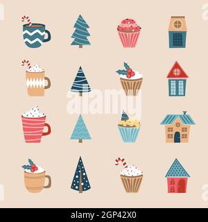 Ensemble d'icônes Joyeux Noël. Icônes vacances. Tasses, cupcakes, maisons et arbres pour un design festif. Élément nouvel an, symbole plat Illustration de Vecteur