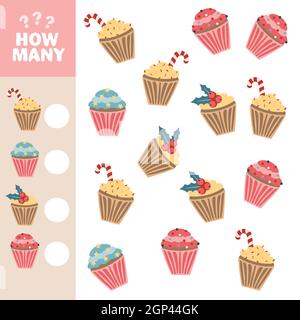 Jeu de comptage éducatif pour les enfants d'âge préscolaire avec différents bonbons. Combien de petits gâteaux. Illustration vectorielle de dessin animé. Illustration de Vecteur