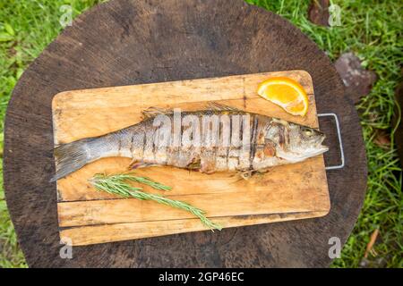 Une carcasse de poisson de truite cuite au feu se trouve sur une planche de bois avec du citron et des épices, du romarin et du poivre. Alimentation de fruits de mer, gros plan. Banque D'Images