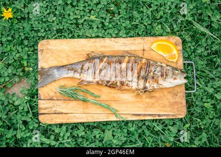 Une carcasse de poisson de truite cuite au feu se trouve sur une planche de bois avec du citron et des épices, du romarin et du poivre. Alimentation de fruits de mer, gros plan. Banque D'Images