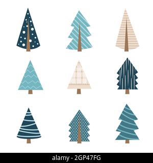 Ensemble sapin de noël bleu de forme différente. Collection de sapin de Noël pour la décoration de carte de voeux ou le design de logo. Vecteur plat isolé Illustration de Vecteur