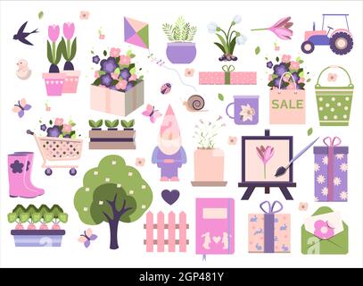 Jeu de grands ressorts. Outils de jardin vectoriels, fleurs. Conception plate. Icônes mignons pour un site Web, une application ou une publicité. Oiseaux, plantes, insectes et articles de Pâques. Illustration de Vecteur