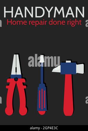 Composition du texte de handyman sur les icônes d'outils sur fond noir Banque D'Images